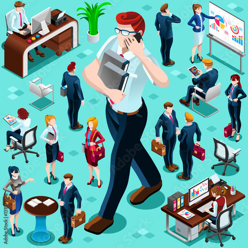 Isometric people walking isolated meeting businessman staff crowd infographic. 3D boss person icon set. Creative design vector illustration collection