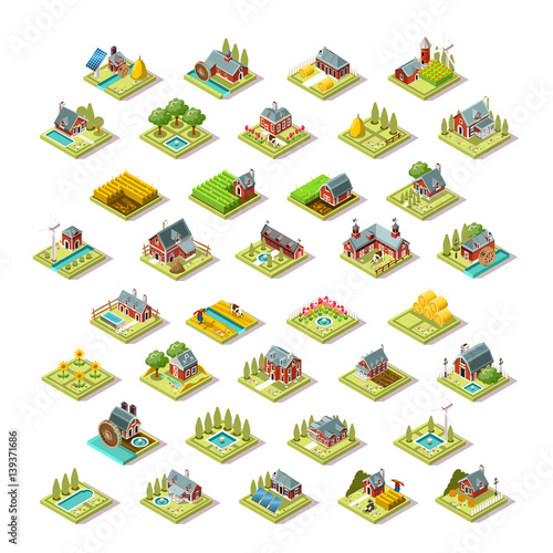 Isometric farm house building stuff farming agriculture scene. 3D icon set collection vector illustration for infographic or android video game	