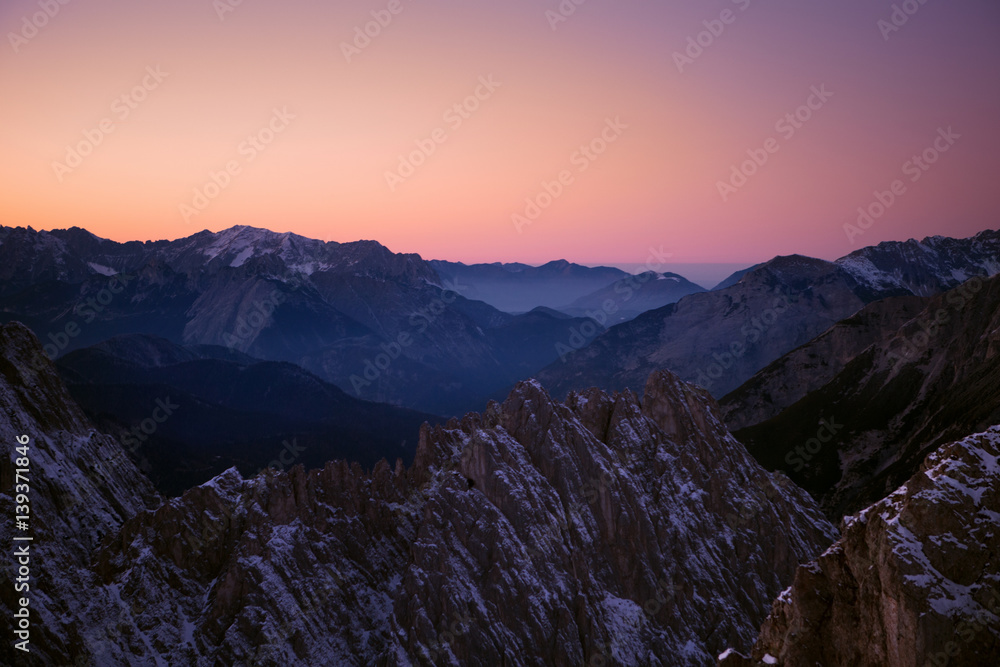 pink sunset Mountains. Alps. Landscape	