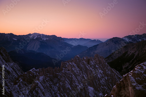 pink sunset Mountains. Alps. Landscape 