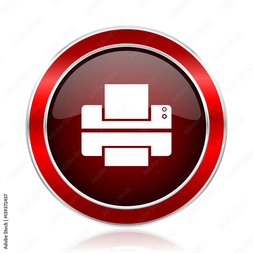 Printer red round glossy vector web icon. Circle modern design chrome metal border abstract sign for smartphone applications. Printer red round glossy vector web icon. Circle modern design chrome metal border abstract sign for smartphone applications.