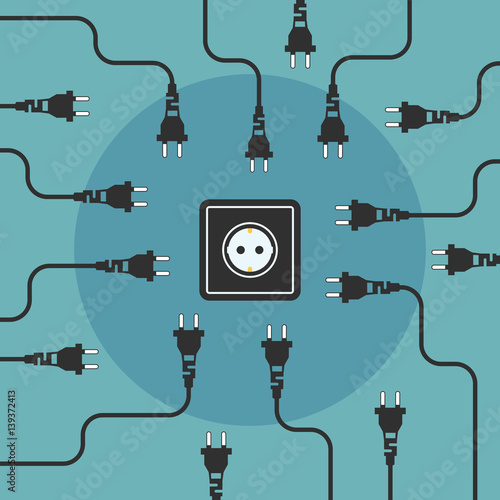 Plugs seek outlet. Free electricity flat design concept.
