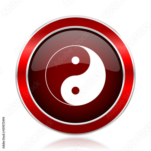 Ying yang red silver metallic web and smartphone vector icon isolated on white background.