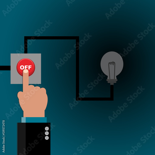 Simple business cartoon iillustration of a man pressing OFF button as a simbolism of stopping ideas execution