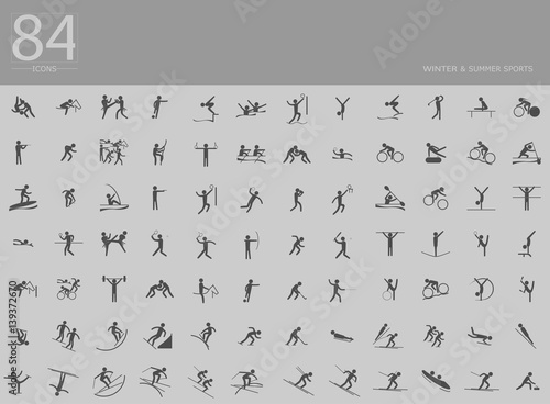 eps10 vector set of 84 winter and summer sport icons. Silhouette sport signs collection. Indoor and outdoor activities, single and team sport included. Graphic clip art for design, mobile, web, print