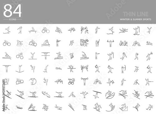 eps10 vector set of 84 winter and summer thin line sport icons. Silhouette sport sign collection. Indoor and outdoor activities, single and team sport included. Clip art for design, mobile, web, print