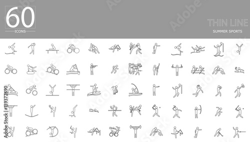 eps10 vector set of 60 summer sport icons. Thin line sport signs collection. Indoor and outdoor activities, single and team sport included. Graphic illustration clip art for design, mobile, web, print