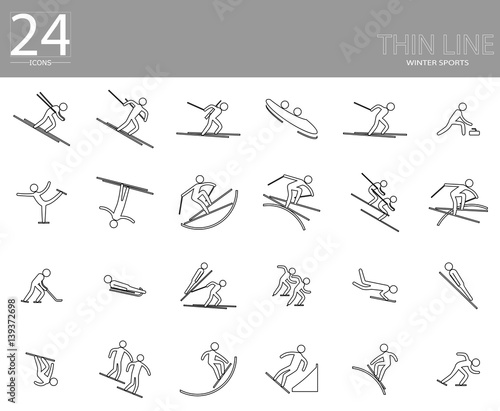 eps10 vector set of 24 winter sport icons. Thin line sport signs collection. Indoor and outdoor activities, single and team sport included. Graphic illustration clip art for design, mobile, web, print