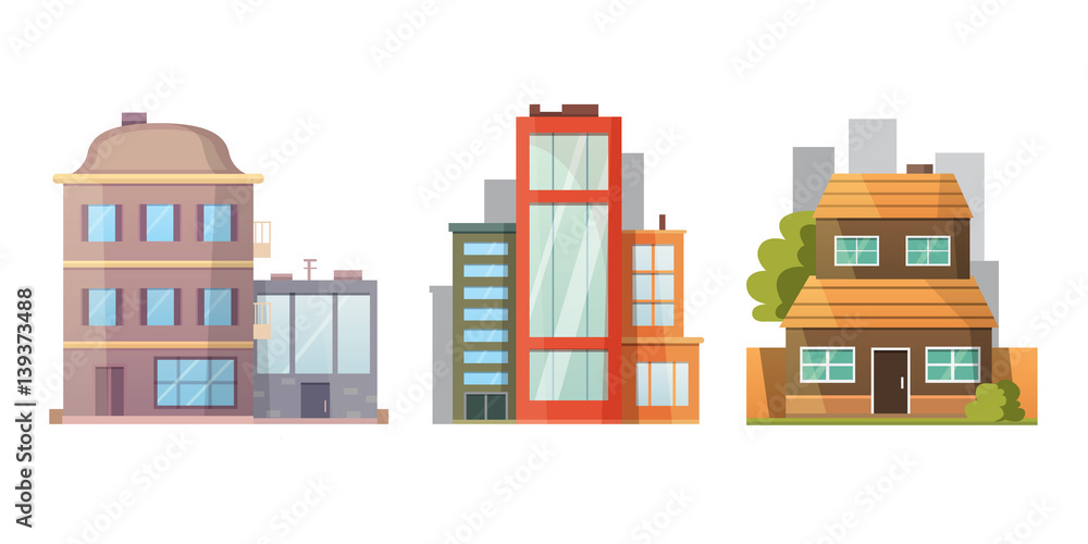 Flat design of retro and modern city houses. Old buildings, skyscrapers. colorful cottage building, cafe house.