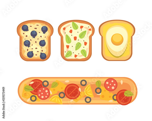 Set toasts and sandwich breakfast. Bread toast with jam, egg, cheese, blueberry, peanut butter, salami, fish. Flat vector illustration.