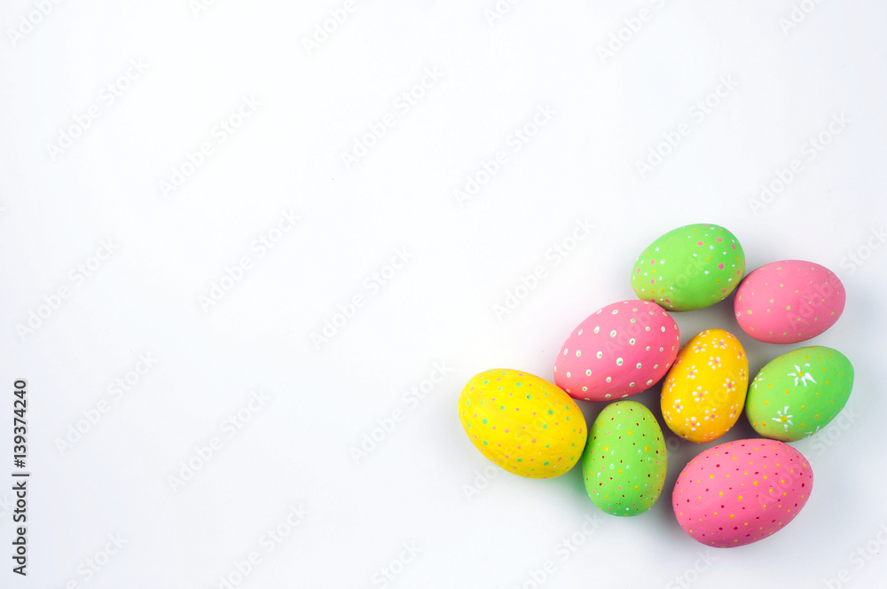 Decorated Easter eggs on white background with copy space Decorated Easter eggs on white background with copy space