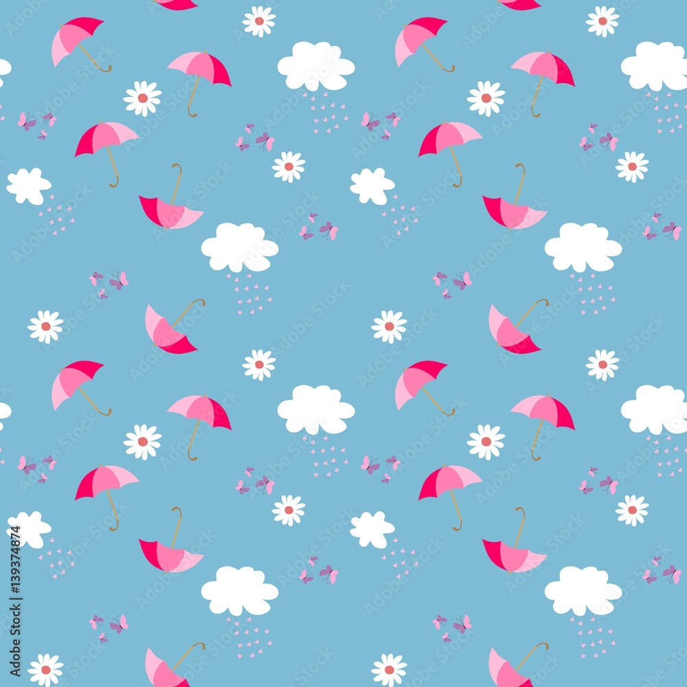 Seamless summer ditsy pattern with umbrella, daisies, clouds, hearts and butterflies.
