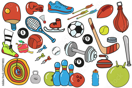 a set of sports items. balls, sneakers, basketball, baseball, dumbbell, fitness, weight loss and much more. Doodle style.