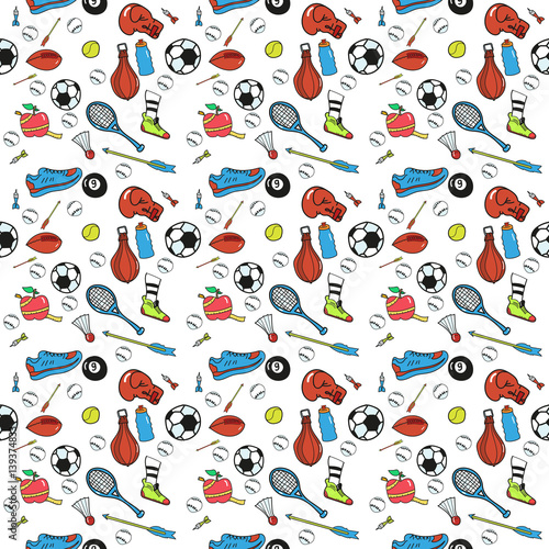 sports pattern. balls, sneakers, basketball, baseball and more. Doodle style.