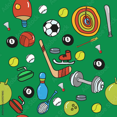 sports pattern. balls, rackets, shuttlecock, arrows, basketball and more. Doodle style.