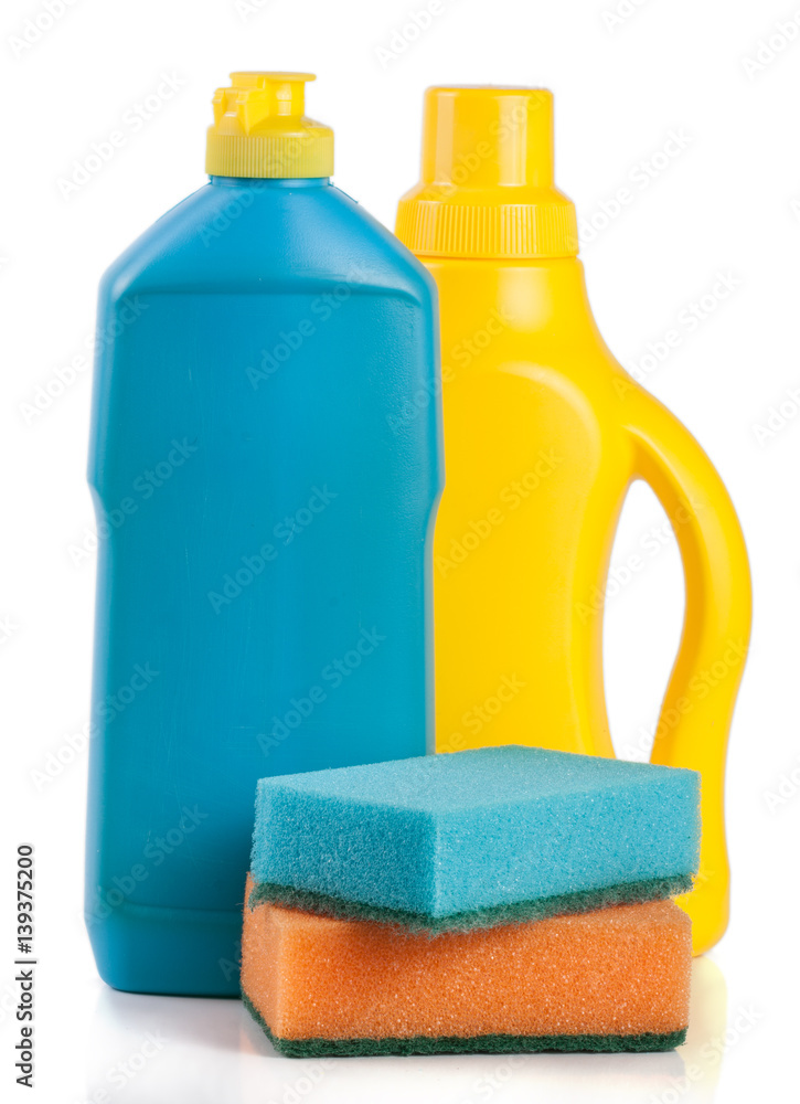 dishwashing detergent with sponge isolated on white background dishwashing detergent with sponge isolated on white background