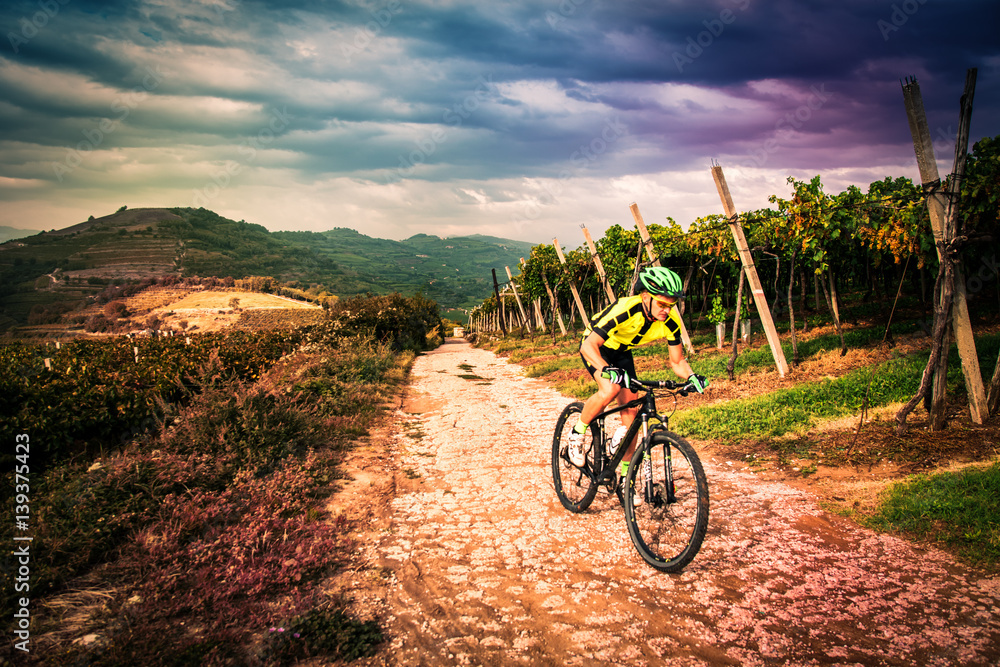 Cyclist pedaling through the hills. Cyclist pedaling through the hills.