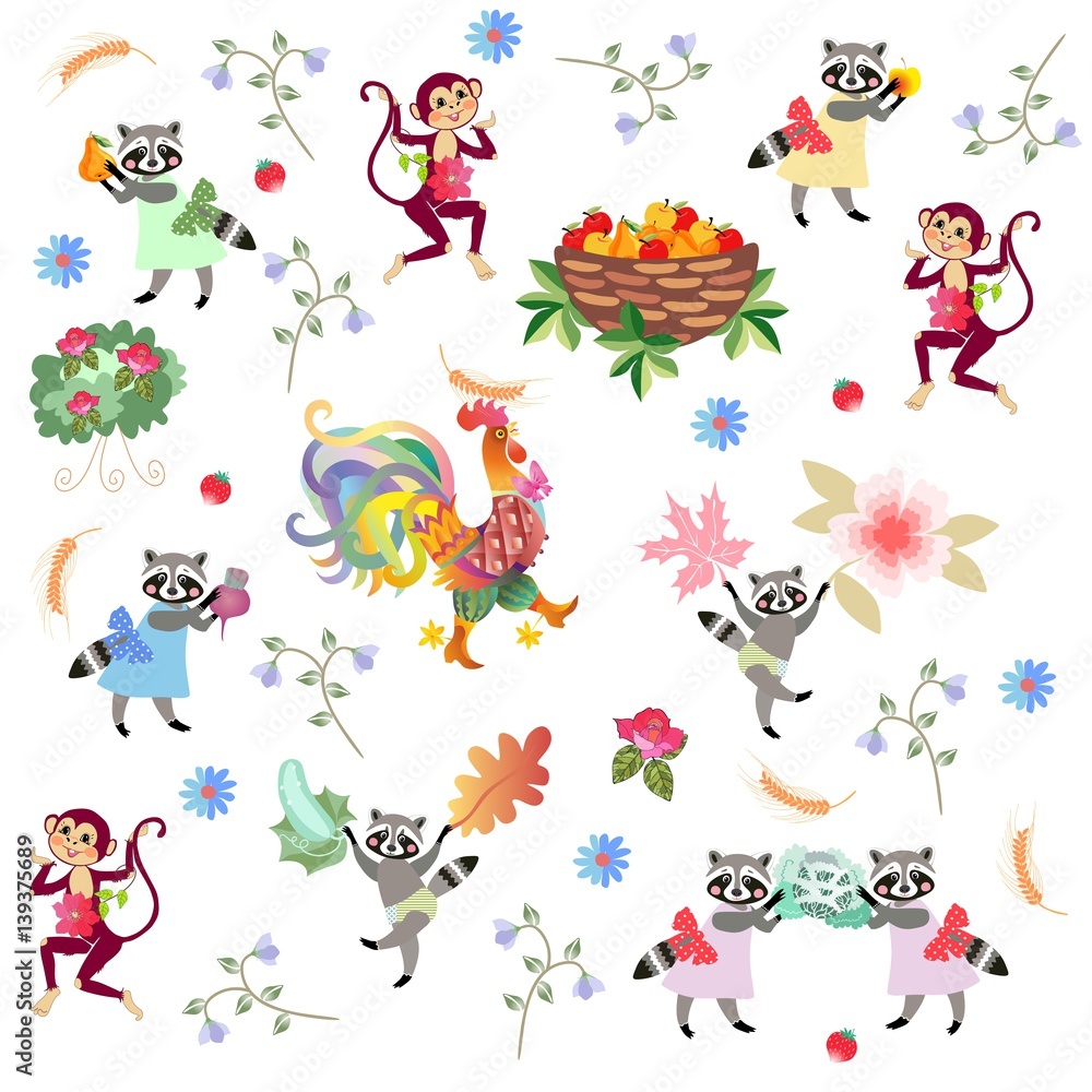 Ditsy vector pattern for baby with cute cartoon characters isolated on white background. Funny poultry, raccoons, monkeys, flowers, vegetables and fruits. Greeting card, print for fabric, wallpaper. Ditsy vector pattern for baby with cute cartoon characters isolated on white background. Funny poultry, raccoons, monkeys, flowers, vegetables and fruits. Greeting card, print for fabric, wallpaper.