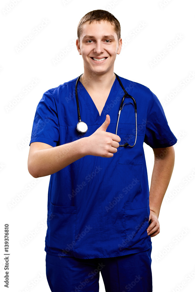 Happy doctor smiling at camera on white background Happy doctor smiling at camera on white background
