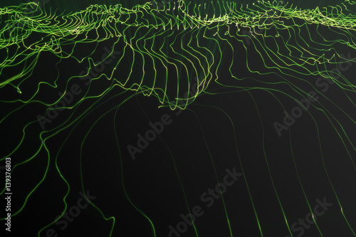 Landscape background. Cyberspace landscape grid. 3d technology. Abstract green landscape on black background with light rays. 3d rendering