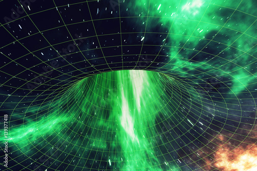 Cosmic wormhole, space travel concept, funnel-shaped tunnel that can connect one universe with another. 3d rendering