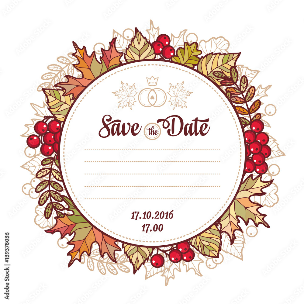 Wedding card template. Autumn background. Invitation for marriage ceremony. 