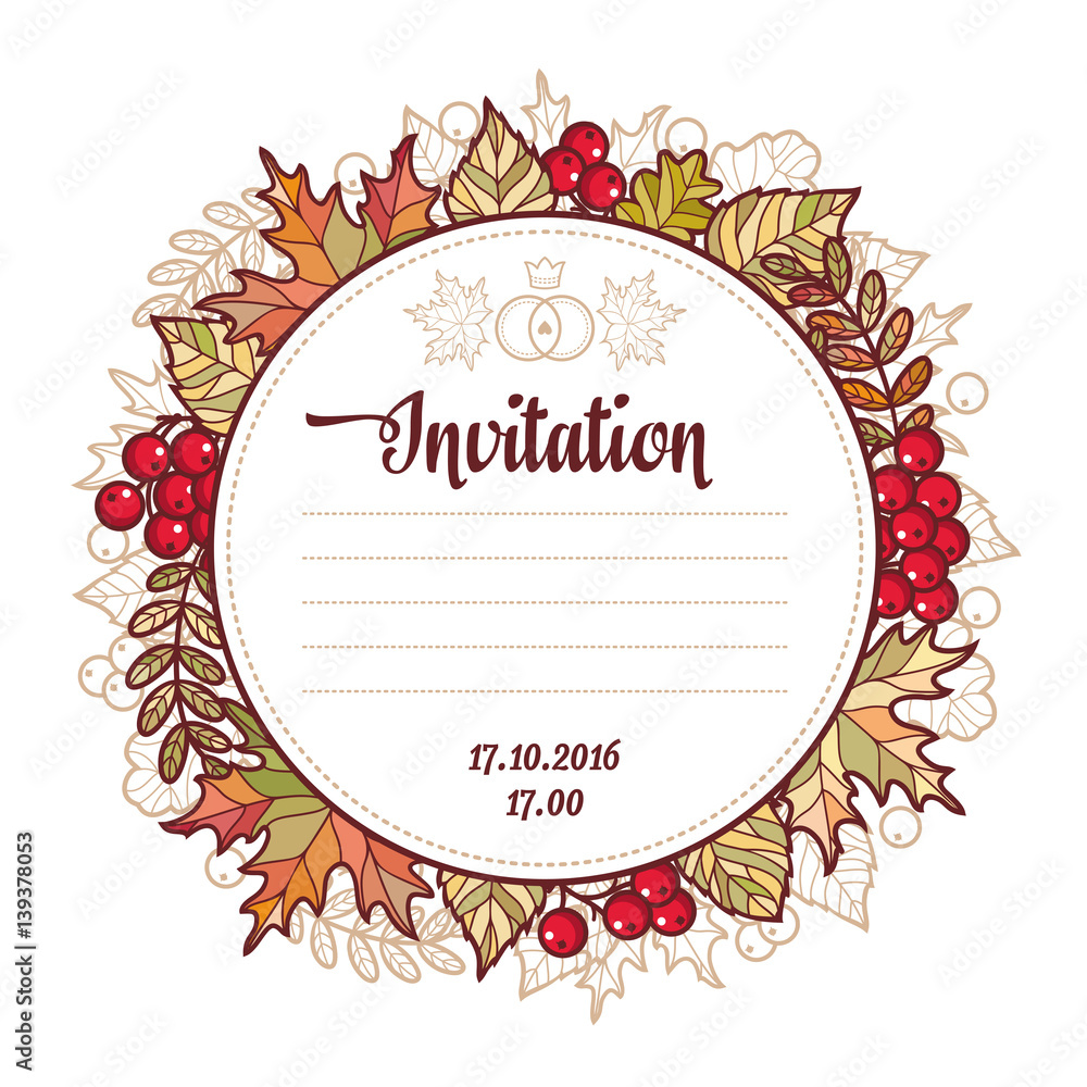 Wedding card template. Autumn background. Invitation for marriage ceremony. 