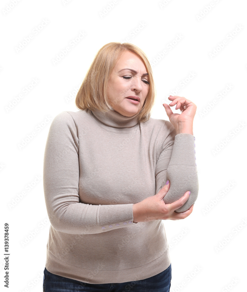 Obraz premium Senior woman suffering from pain in elbow, on white background