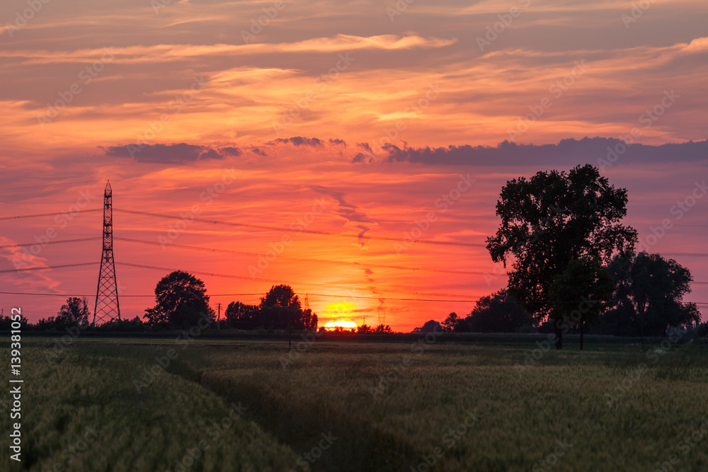 Fototapeta premium Industrial high voltage sunset