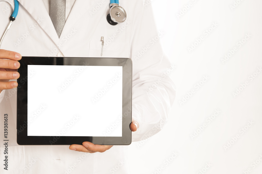 Doctor holding blank digital tablet isolated on white background Doctor holding blank digital tablet isolated on white background