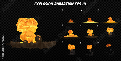Vector explode. Explode effect animation with smoke. Cartoon explosion frames. Sprite sheet of explosion