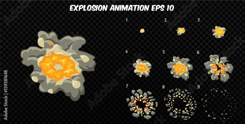 Vector explode. Explode effect animation with smoke. Cartoon explosion frames. Sprite sheet of explosion