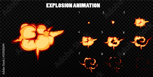 Vector explode. Explode effect animation with smoke. Cartoon explosion frames. Sprite sheet of explosion