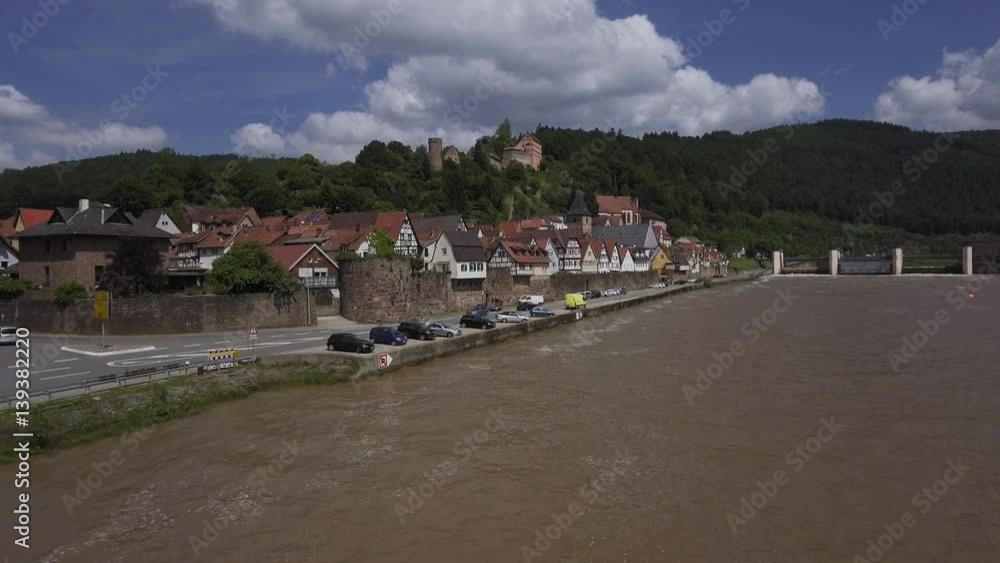 Ancient town village of HIRSCHHORN in Hesse district of Germany on banks of Neckar river, Hesse, Germany, Aerial, Mai 2016 Ancient town village of HIRSCHHORN in Hesse district of Germany on banks of Neckar river, Hesse, Germany, Aerial, Mai 2016