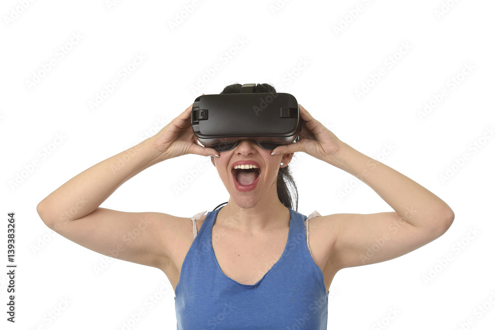 attractive happy woman excited using 3d goggles watching 360 virtual reality vision enjoying attractive happy woman excited using 3d goggles watching 360 virtual reality vision enjoying