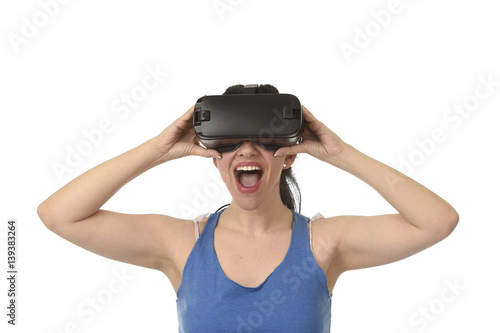 attractive happy woman excited using 3d goggles watching 360 virtual reality vision enjoying