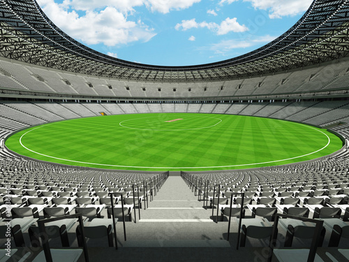 3D render of a round cricket stadium with white seats and VIP boxes
