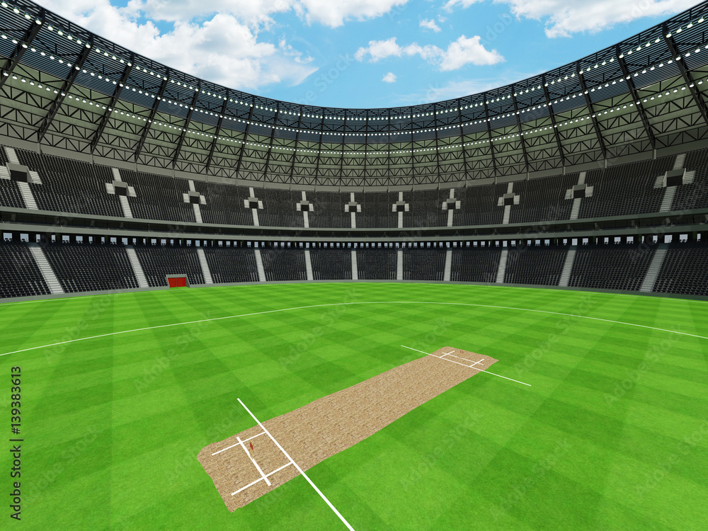 3D render of a round cricket stadium with black seats and VIP boxes