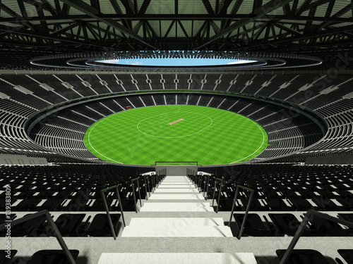 3D render of a round cricket stadium with black seats and VIP boxes