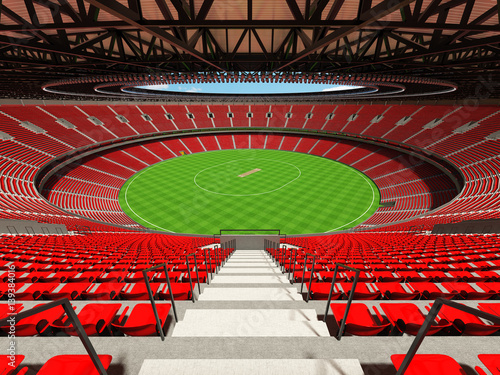 3D render of a round cricket stadium with red seats and VIP boxes