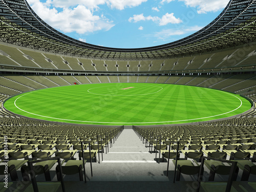 3D render of a round cricket stadium with grey green seats and VIP boxes