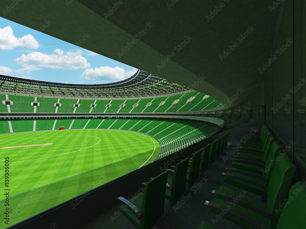 Fototapeta premium 3D render of a round cricket stadium with green seats and VIP boxes