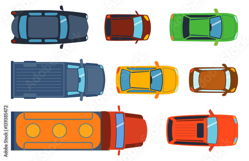 Overhead top view on colorful car toys different pickup automobile transport and collection wheel transportation design vector illustration.