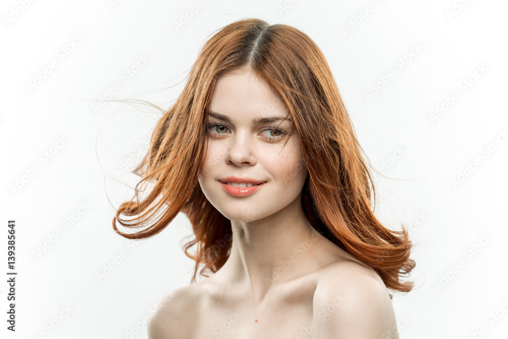 happy red-haired woman, beautiful face, gentle make-up happy red-haired woman, beautiful face, gentle make-up