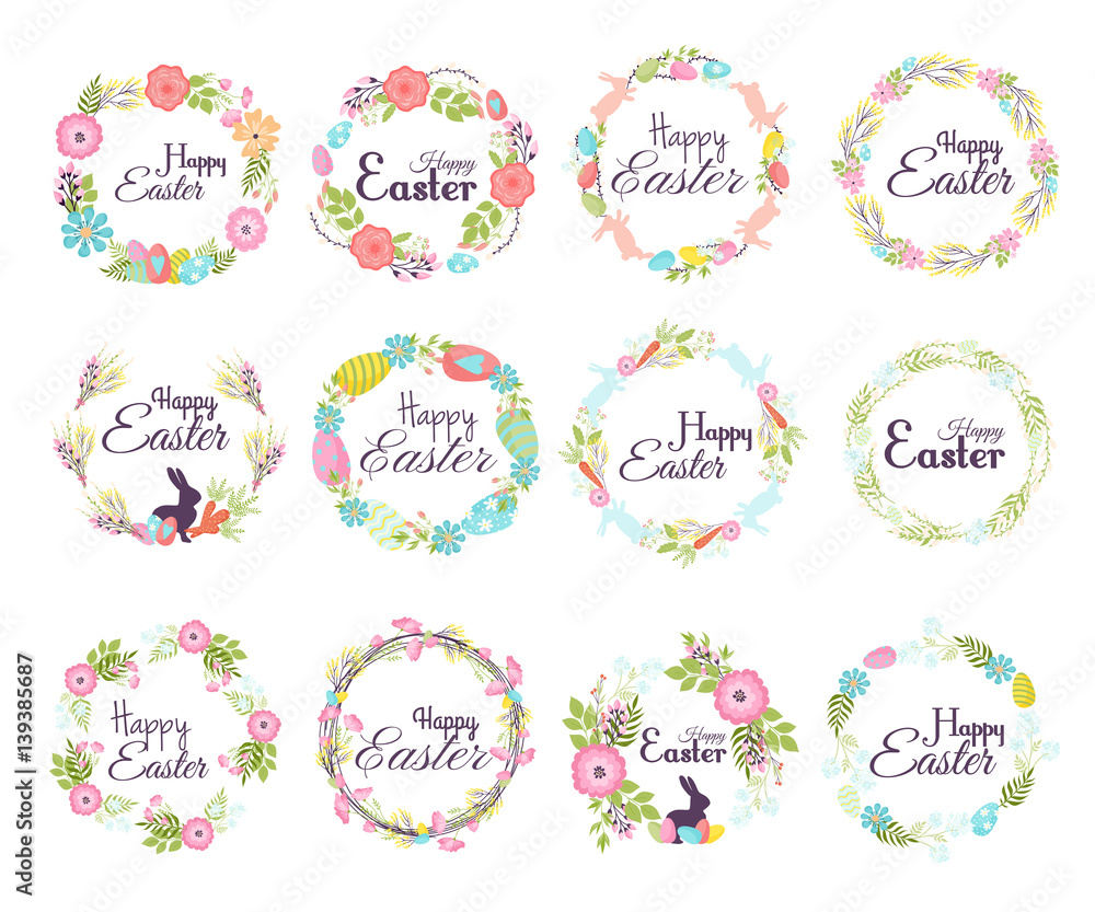 Happy easter hand drawn badge hand lettering greeting decoration element and natural wreath spring flower vector illustration Happy easter hand drawn badge hand lettering greeting decoration element and natural wreath spring flower vector illustration