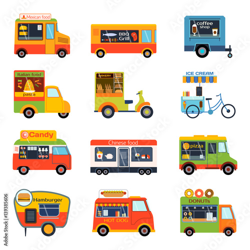 Street food festival color trailer vector restaurant car.