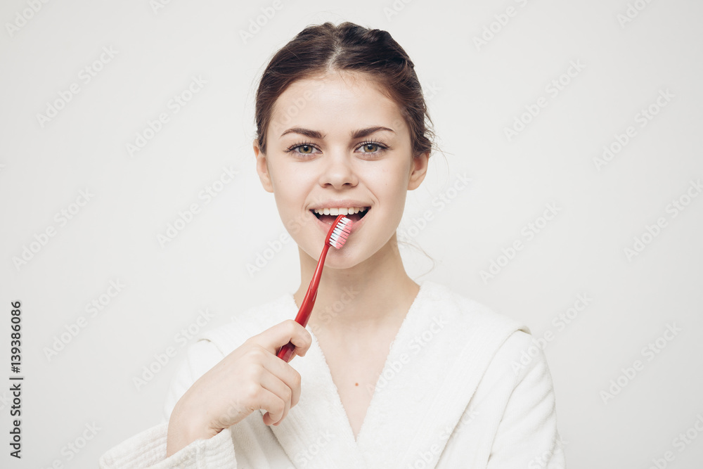 happy woman, morning procedures, toothbrush happy woman, morning procedures, toothbrush