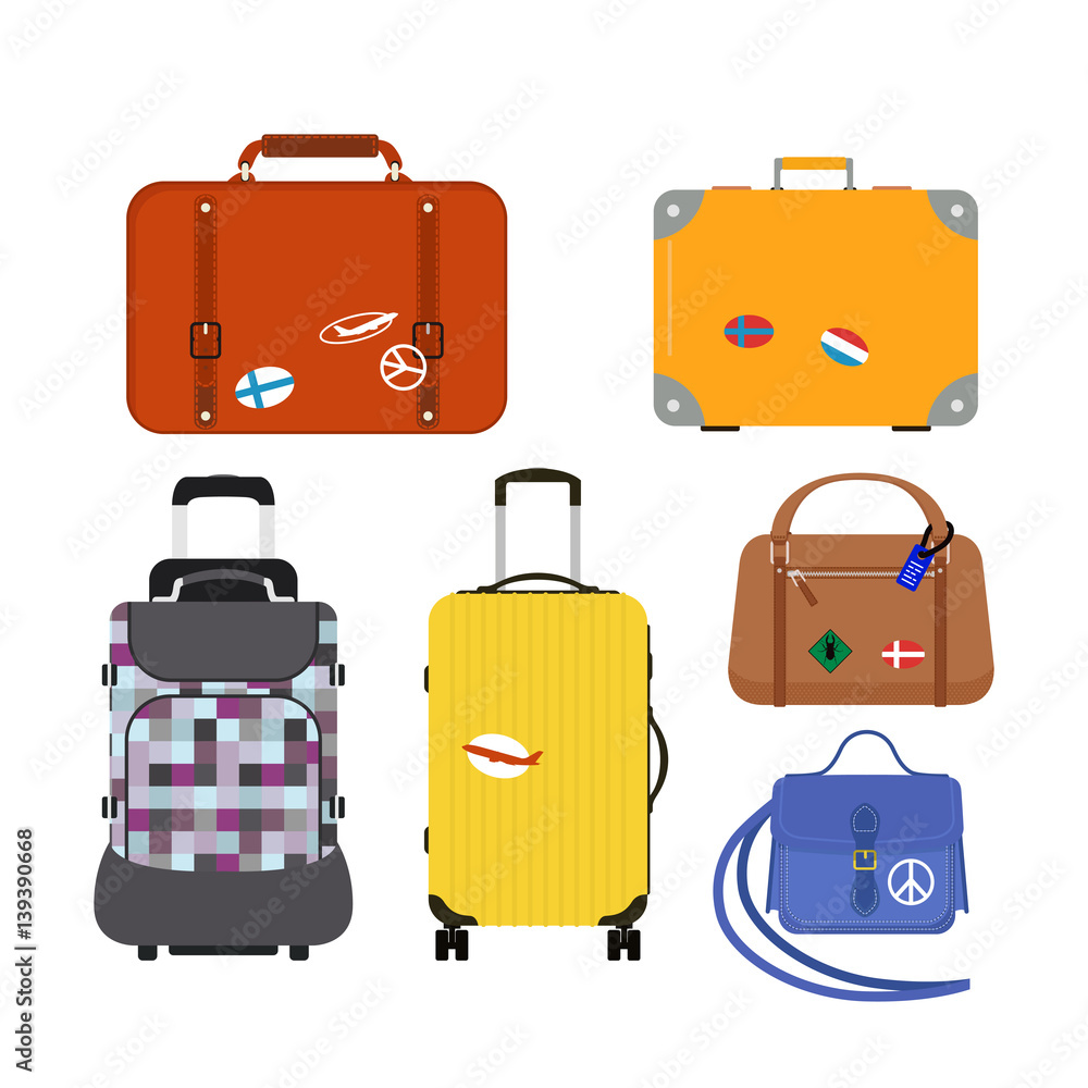 Φωτογραφία Travel tourism fashion baggage or luggage vacation handle leather big packing briefcase and voyage destination case bag on wheels vector illustration