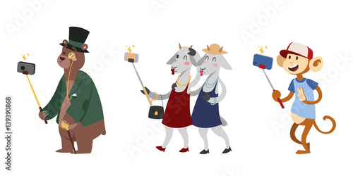 Funny picture photographer mamal person take selfie stick in his hand and cute animal taking a selfie together with smartphone camera vector illustration.