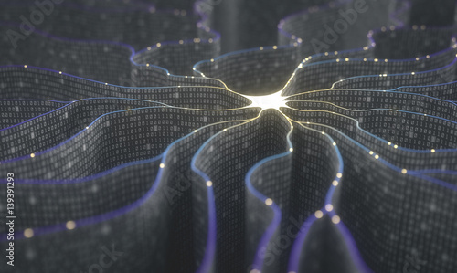 Artificial neuron in concept of artificial intelligence. Wall-shaped binary codes make transmission lines of pulses and/or information in an analogy to a microchip. photo